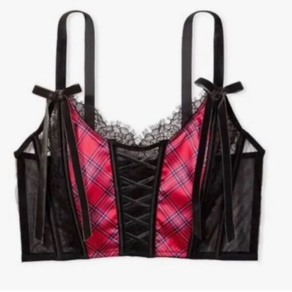Victorias Secret Dream Angels Satin & lace Corset Bra & Thong Panty Red Plaid M - Picture 6 of 7